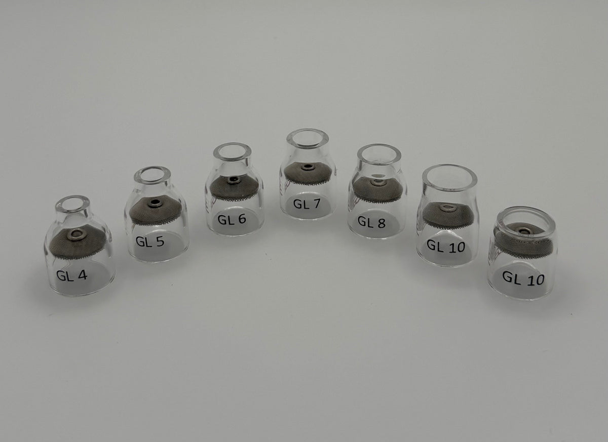 Set of clear glass TIG welding cups labeled GL 4 to GL 10 on white background
