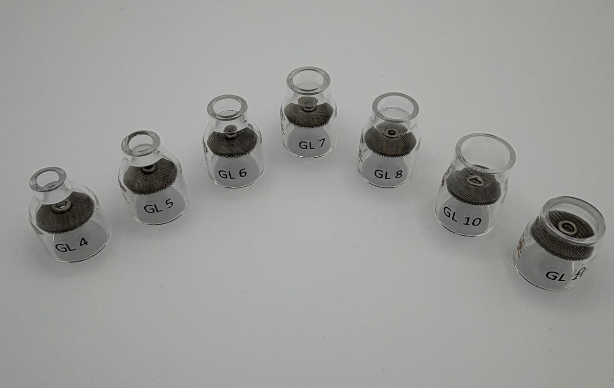 Set of clear glass TIG welding cups labeled GL4 to GL10 arranged in a curved row on white