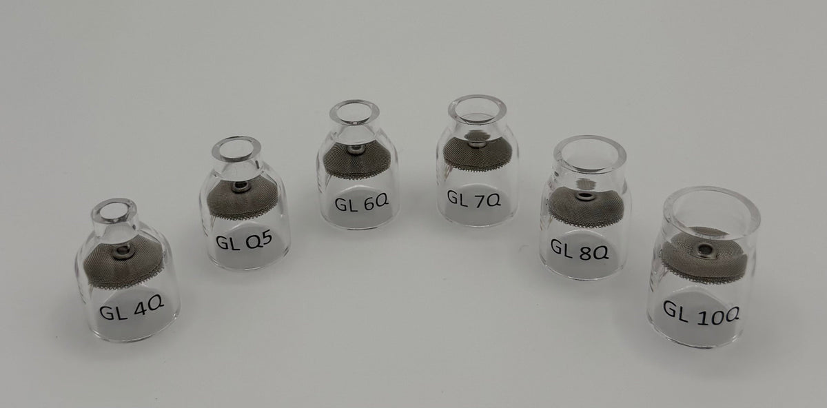 Set of clear glass welding cups with mesh diffusers labeled GL 4Q to GL 10Q on white background